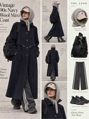 Vintage 90s Navy Wool Blend Maxi Coat Leather Trim Oversized Long Coat